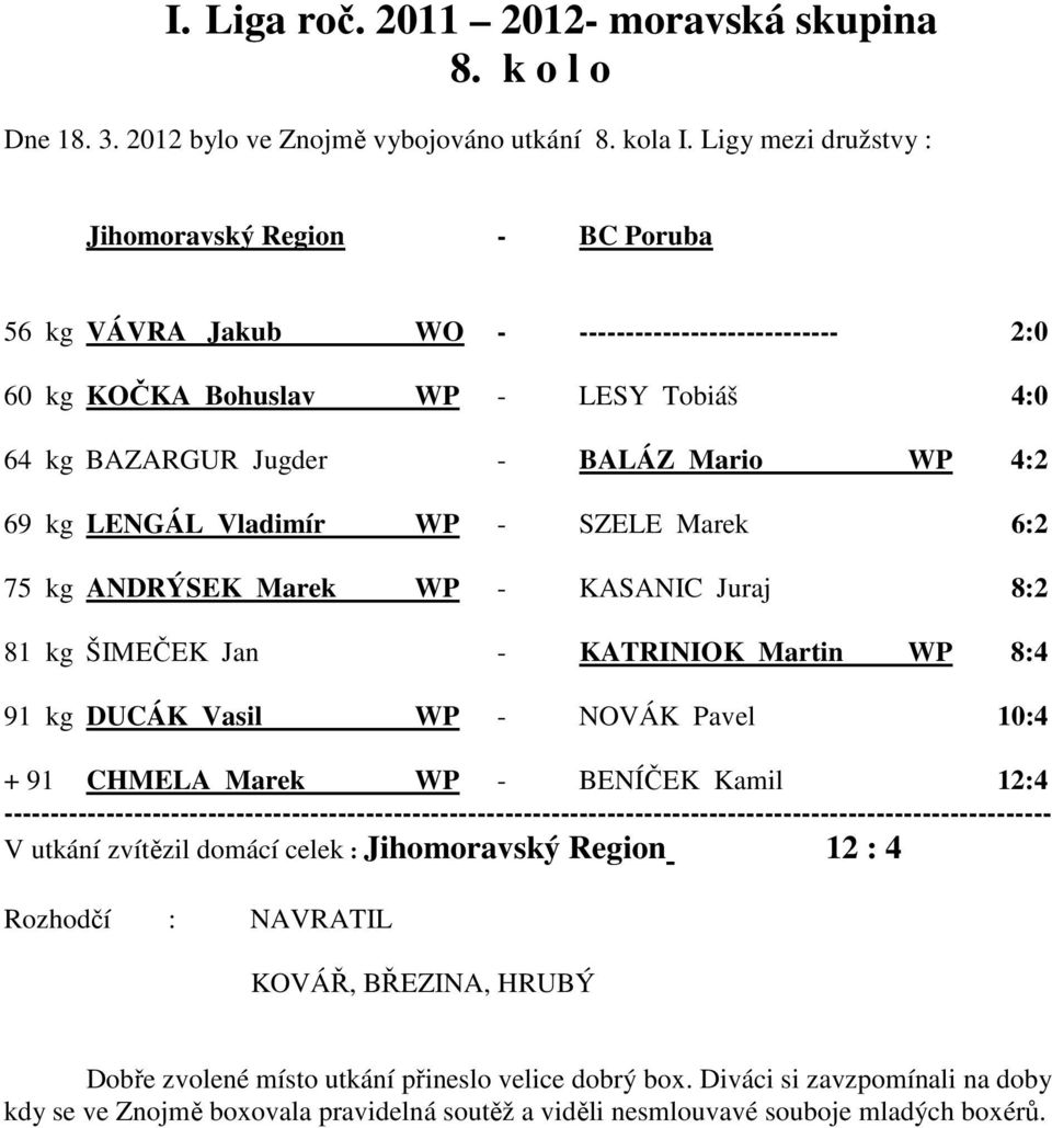 LENGÁL Vladimír WP - SZELE Marek 6:2 75 kg ANDRÝSEK Marek WP - KASANIC Juraj 8:2 81 kg ŠIMEČEK Jan - KATRINIOK Martin WP 8:4 91 kg DUCÁK Vasil WP - NOVÁK Pavel 10:4 + 91 CHMELA Marek WP - BENÍČEK