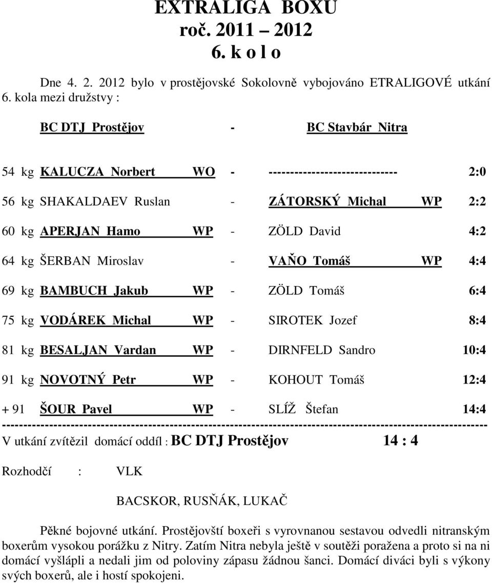 David 4:2 64 kg ŠERBAN Miroslav - VAŇO Tomáš WP 4:4 69 kg BAMBUCH Jakub WP - ZÖLD Tomáš 6:4 75 kg VODÁREK Michal WP - SIROTEK Jozef 8:4 81 kg BESALJAN Vardan WP - DIRNFELD Sandro 10:4 91 kg NOVOTNÝ