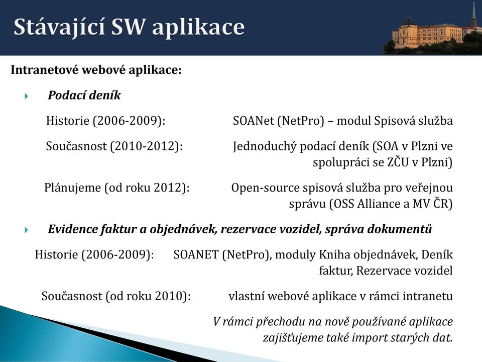 Evidence faktur a objednávek, rezervace vozidel, správa dokumentů Historie (2006-2009): SOANET (NetPro), moduly Kniha objednávek, Deník faktur,