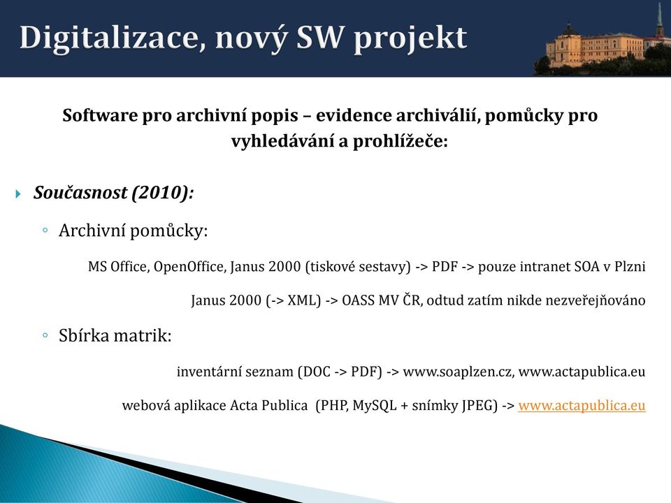 Janus 2000 (-> XML) -> OASS MV ČR, odtud zatím nikde nezveřejňováno Sbírka matrik: inventární seznam (DOC ->