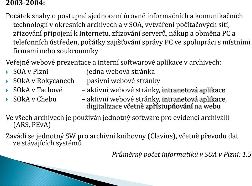 SOA v Plzni jedna webová stránka SOkA v Rokycanech pasivní webové stránky SOkA v Tachově aktivní webové stránky, intranetová aplikace SOkA v Chebu aktivní webové stránky, intranetová aplikace,