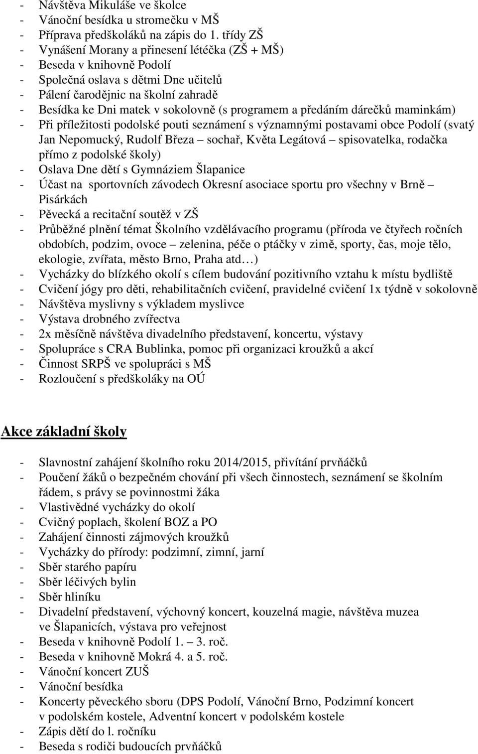programem a předáním dárečků maminkám) - Při příležitosti podolské pouti seznámení s významnými postavami obce Podolí (svatý Jan Nepomucký, Rudolf Březa sochař, Květa Legátová spisovatelka, rodačka