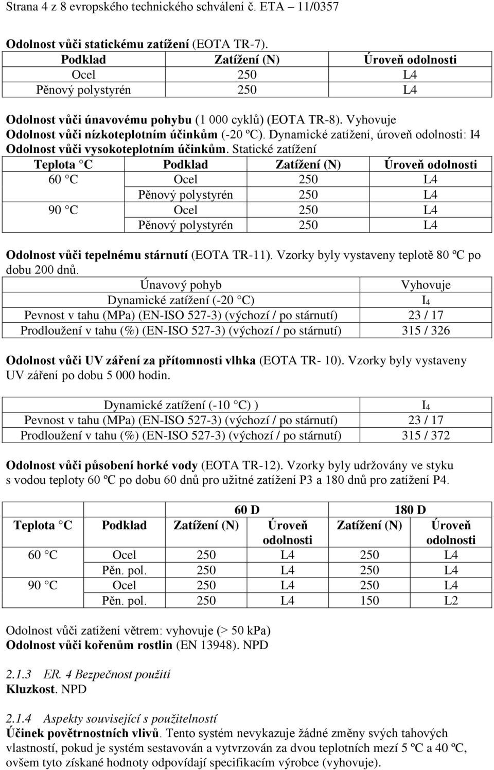 Dynamické zatížení, úroveň odolnosti: I4 Odolnost vůči vysokoteplotním účinkům.