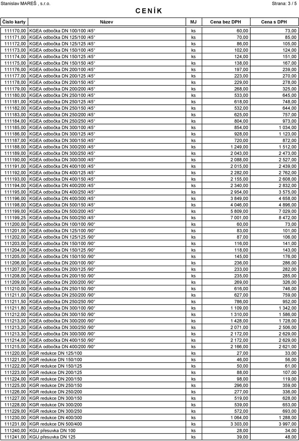 111177,00 KGEA odbočka DN 200/125 /45 ks 223,00 270,00 111178,00 KGEA odbočka DN 200/150 /45 ks 229,00 278,00 111179,00 KGEA odbočka DN 200/200 /45 ks 268,00 325,00 111180,00 KGEA odbočka DN 250/100