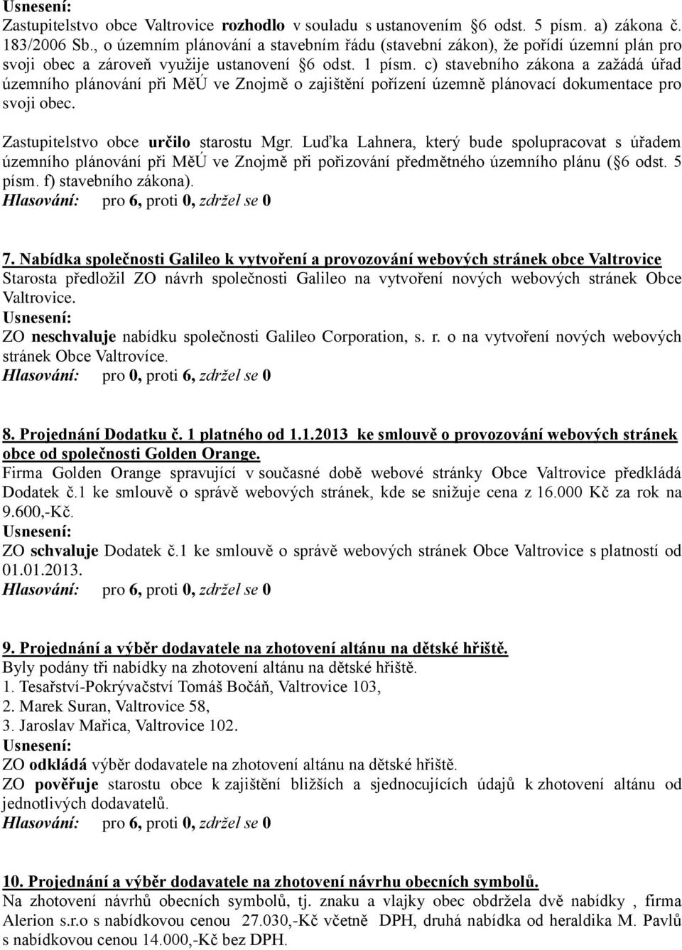 c) stavebního zákona a zažádá úřad územního plánování při MěÚ ve Znojmě o zajištění pořízení územně plánovací dokumentace pro svoji obec. Zastupitelstvo obce určilo starostu Mgr.