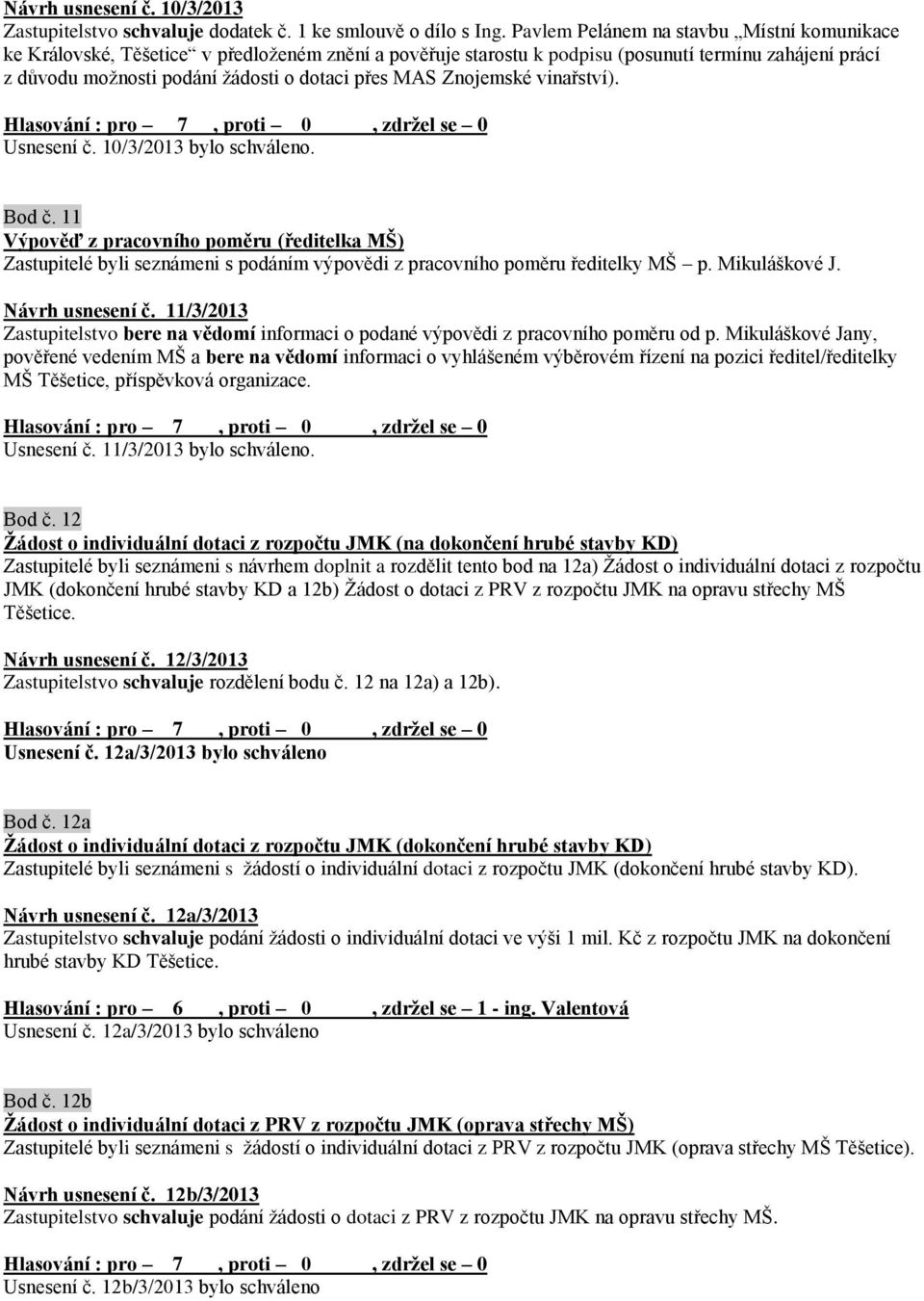 Znojemské vinařství). Usnesení č. 10/3/2013 bylo schváleno. Bod č. 11 Výpověď z pracovního poměru (ředitelka MŠ) Zastupitelé byli seznámeni s podáním výpovědi z pracovního poměru ředitelky MŠ p.