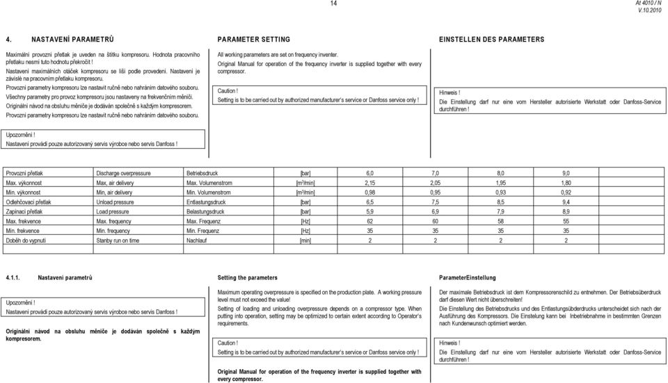 Všechny parametry pro provoz kompresoru jsou nastaveny na frekvenčním měniči. Originální návod na obsluhu měniče je dodáván společně s každým kompresorem.