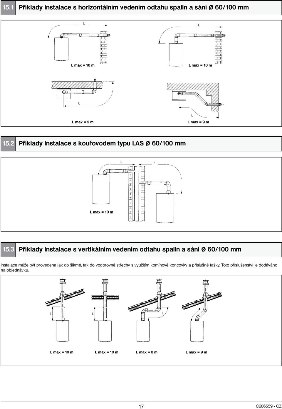 3 Příklady instalace s vertikálním vedením odtahu spalin a sání Ø 60/100 mm Instalace může být provedena jak do šikmé, tak do