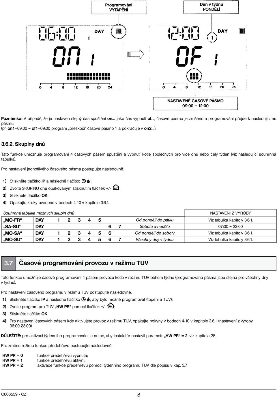 ). 3.6.2. Skupiny dnů Tato funkce umožňuje programování 4 časových pásem spuštění a vypnutí kotle společných pro více dnů nebo celý týden (viz následující souhrnná tabulka).