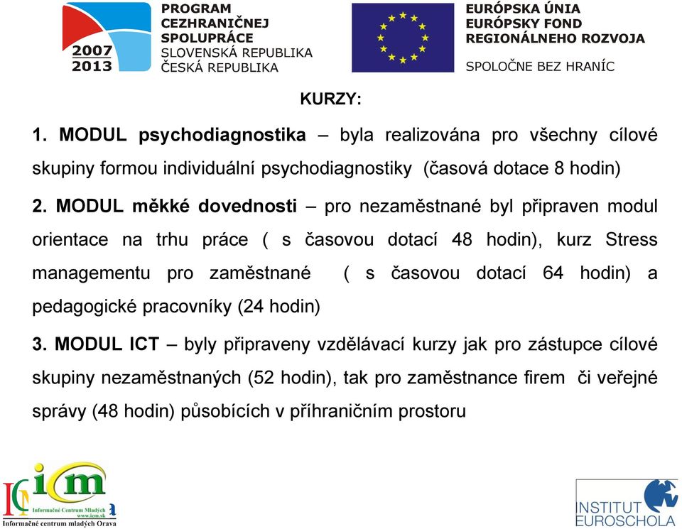 MODUL měkké dovednosti pro nezaměstnané byl připraven modul orientace na trhu práce ( s časovou dotací 48 hodin), kurz Stress managementu