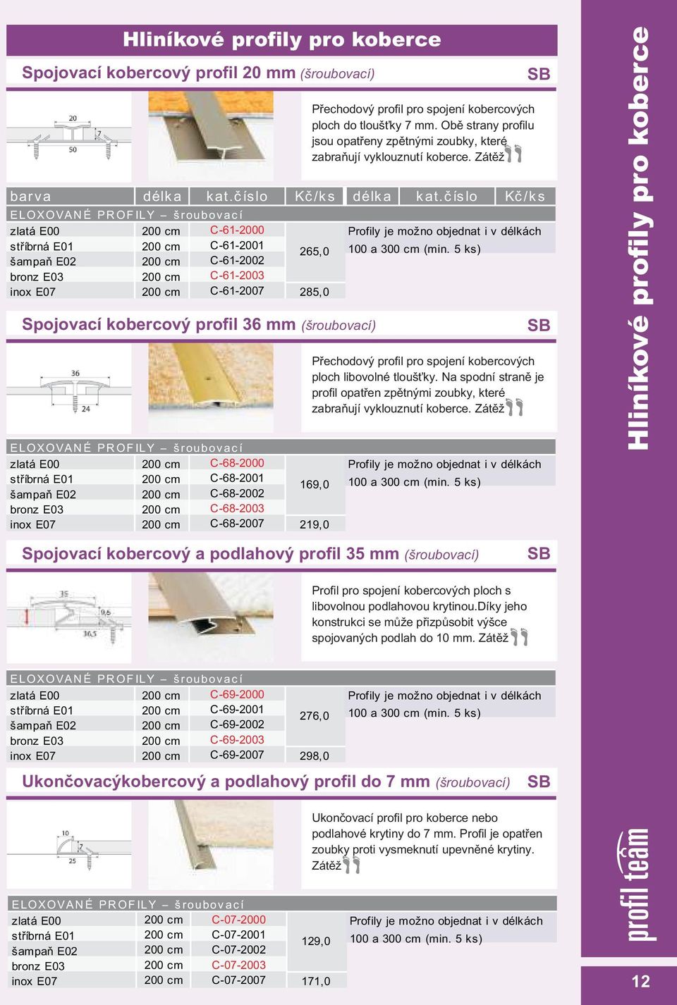èíslo Kè/ks zlatá E00 200 cm C-61-2000 støíbrná E01 200 cm C-61-2001 šampaò E02 200 cm C-61-2002 265,0 bronz E03 200 cm C-61-2003 inox E07 200 cm C-61-2007 285,0 Spojovací kobercový profil 36 mm