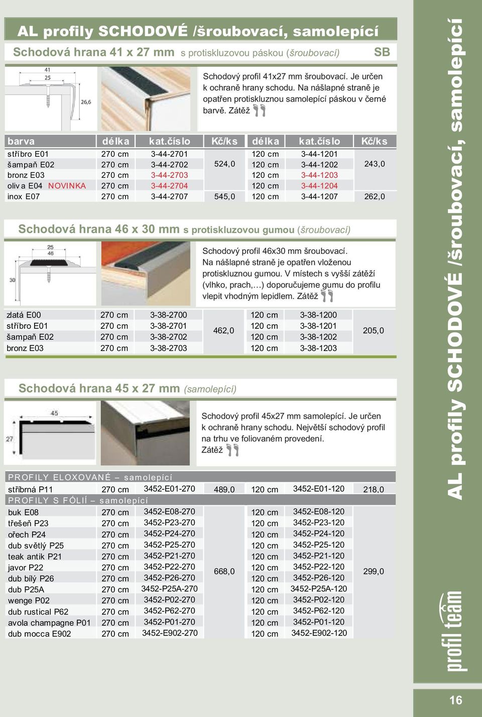 cm 3-44-1204 inox E07 270 cm 3-44-2707 545,0 120 cm 3-44-1207 262,0 Schodová hrana 46 x 30 mm s protiskluzovou gumou (šroubovací) Schodový profil 46x30 mm šroubovací.