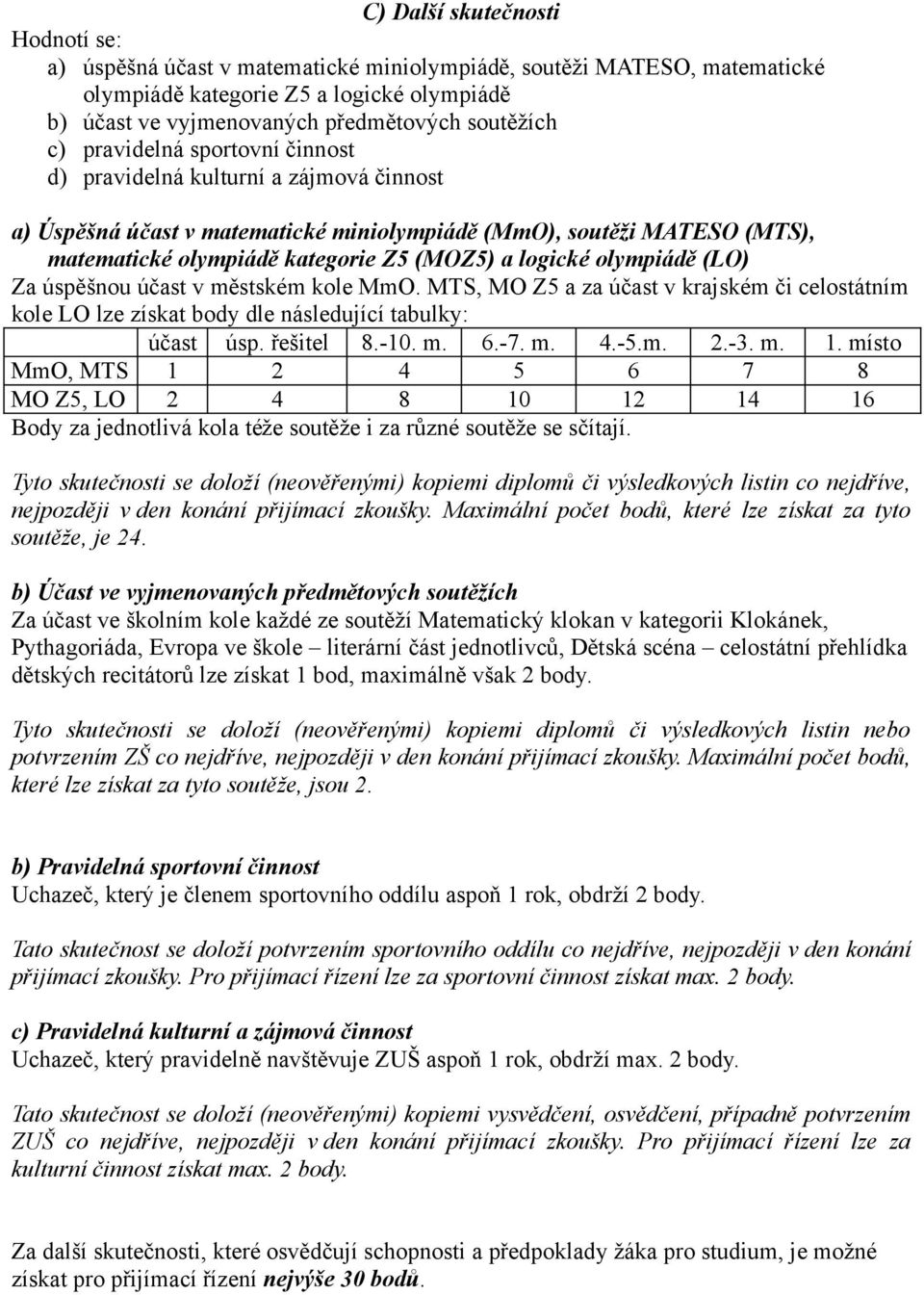 olympiádě (LO) Za úspěšnou účast v městském kole MmO. MTS, MO Z5 a za účast v krajském či celostátním kole LO lze získat body dle následující tabulky: účast úsp. řešitel 8.-10. m. 6.-7. m. 4.-5.m. 2.