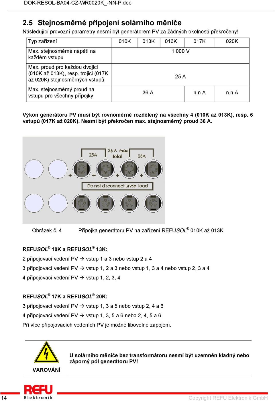 stejnosměrný proud na vstupu pro všechny přípojky 1 000 V 25 A 36 A n.n A n.n A Výkon generátoru PV musí být rovnoměrně rozdělený na všechny 4 (010K až 013K), resp. 6 vstupů (017K až 020K).