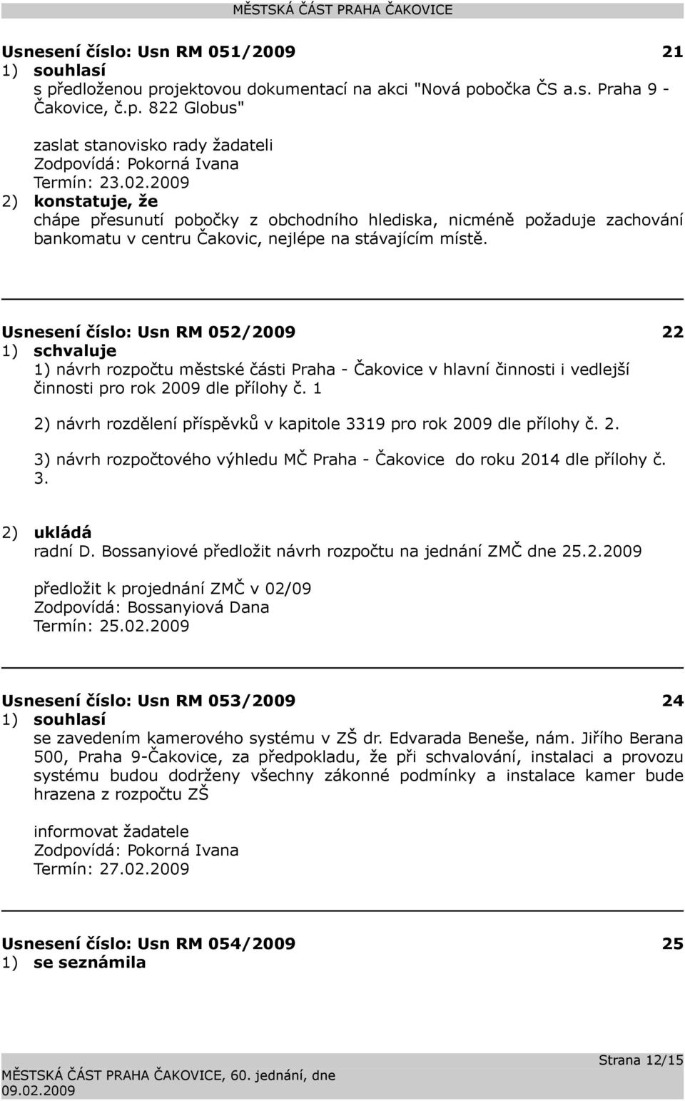 Usnesení číslo: 052/2009 22 1) návrh rozpočtu městské části Praha - Čakovice v hlavní činnosti i vedlejší činnosti pro rok 2009 dle přílohy č.