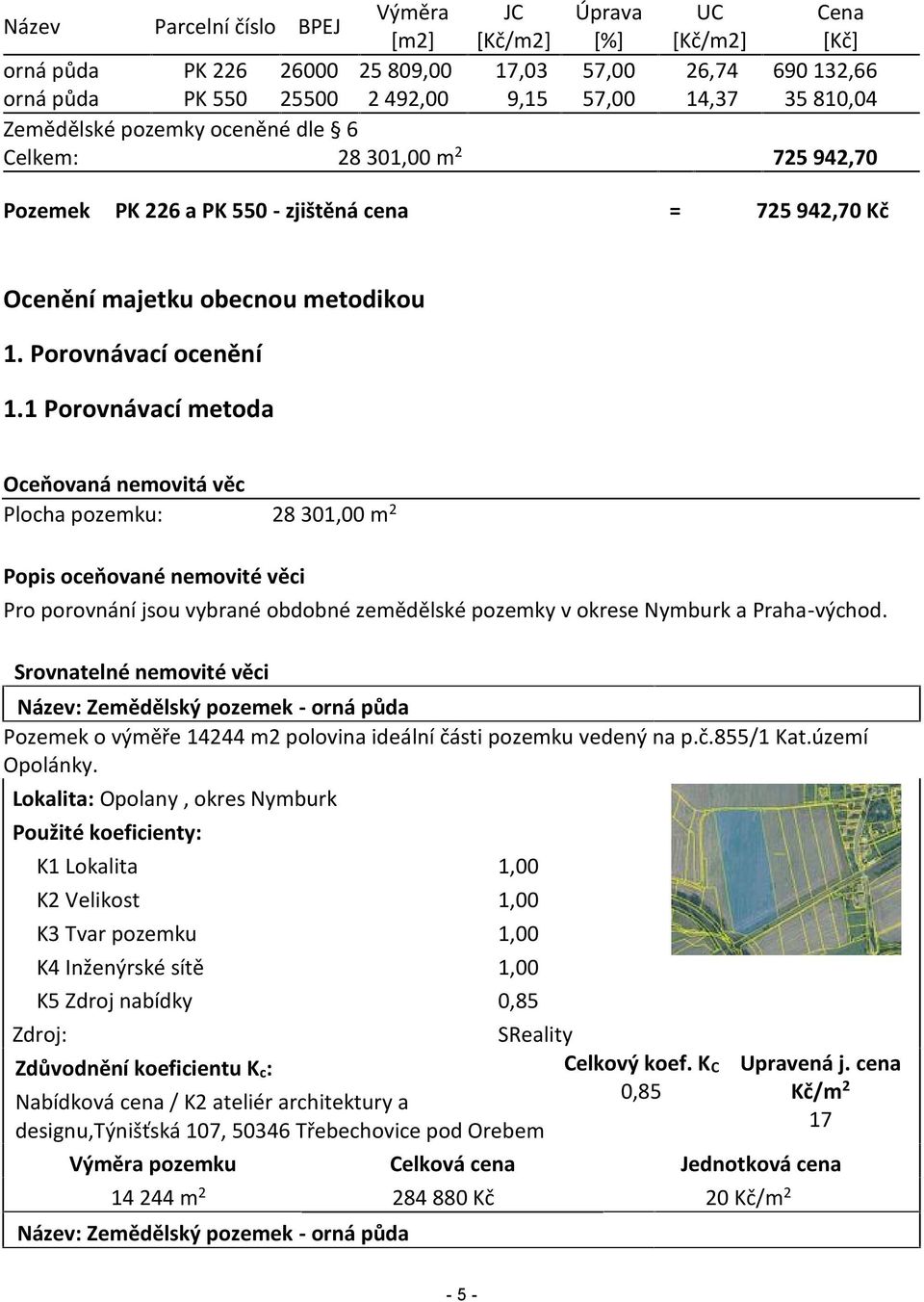 1 Porovnávací metoda Oceňovaná nemovitá věc Plocha pozemku: 28 301,00 m 2 Popis oceňované nemovité věci Pro porovnání jsou vybrané obdobné zemědělské pozemky v okrese Nymburk a Praha-východ.