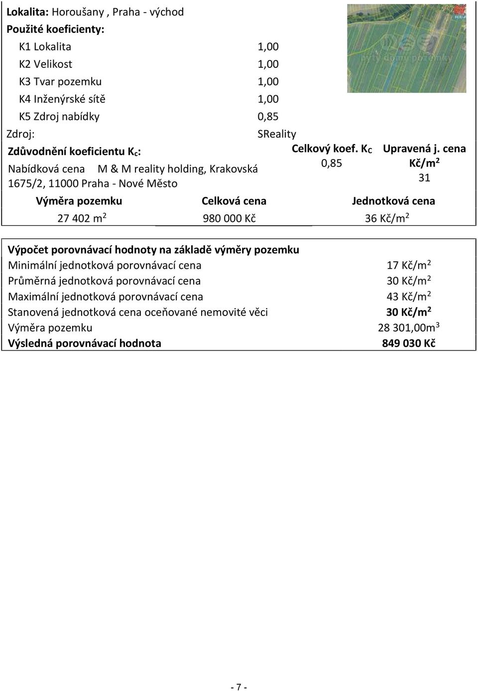 cena Kč/m 2 31 Výměra pozemku Celková cena Jednotková cena 27 402 m 2 980 000 Kč 36 Kč/m 2 Výpočet porovnávací hodnoty na základě výměry pozemku Minimální jednotková porovnávací cena