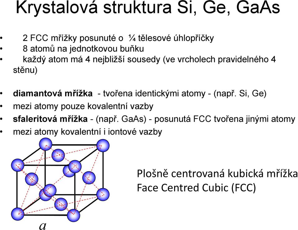 atomy - (např. Si, Ge) mezi atomy pouze kovalentní vazby sfaleritová mřížka - (např.