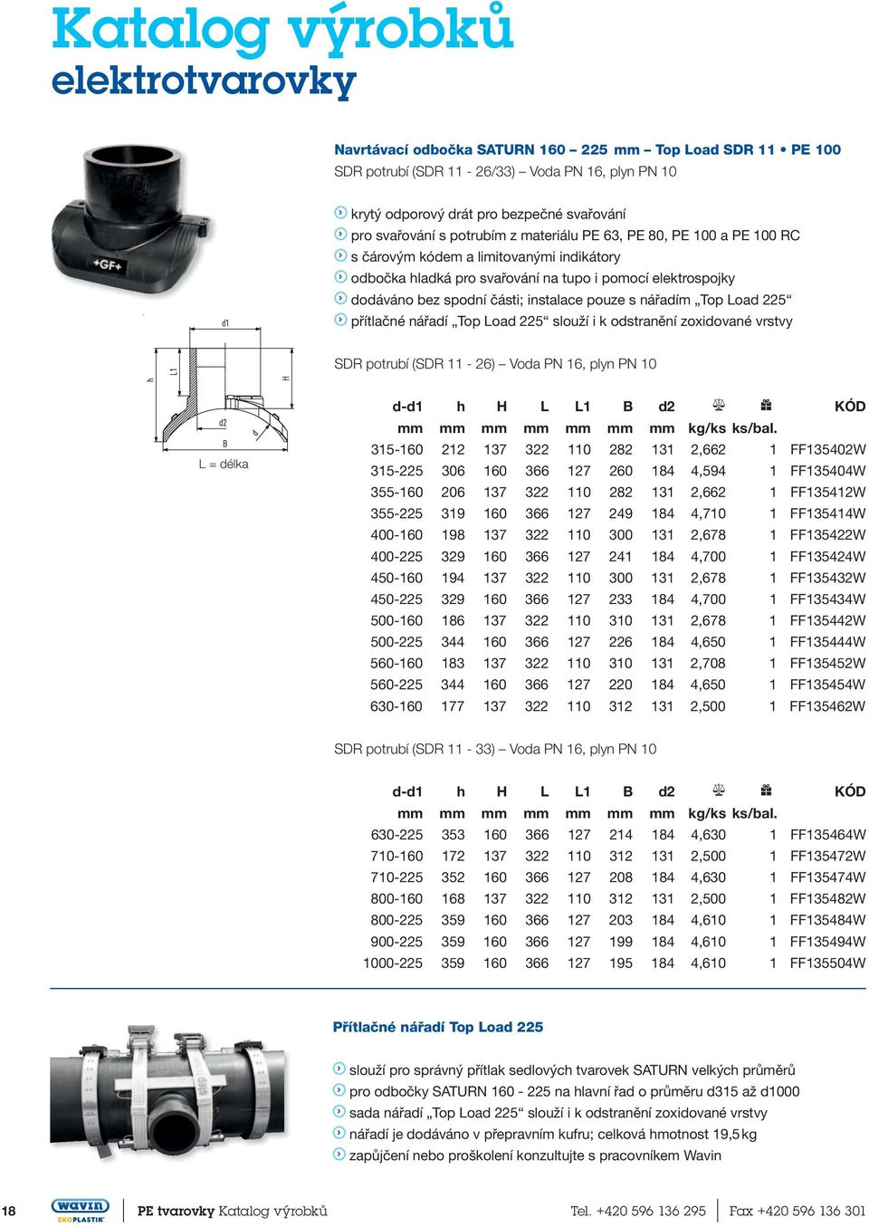 s nářadím. Top.Load.225..přítlačné.nářadí. Top.Load.225.slouží.i k odstranění.zoxidované.vrstvy SDR potrubí (SDR 11-26) Voda PN 16, plyn PN 10 L = délka d-d1 h H L L1 B d2 kg/ks ks/bal.