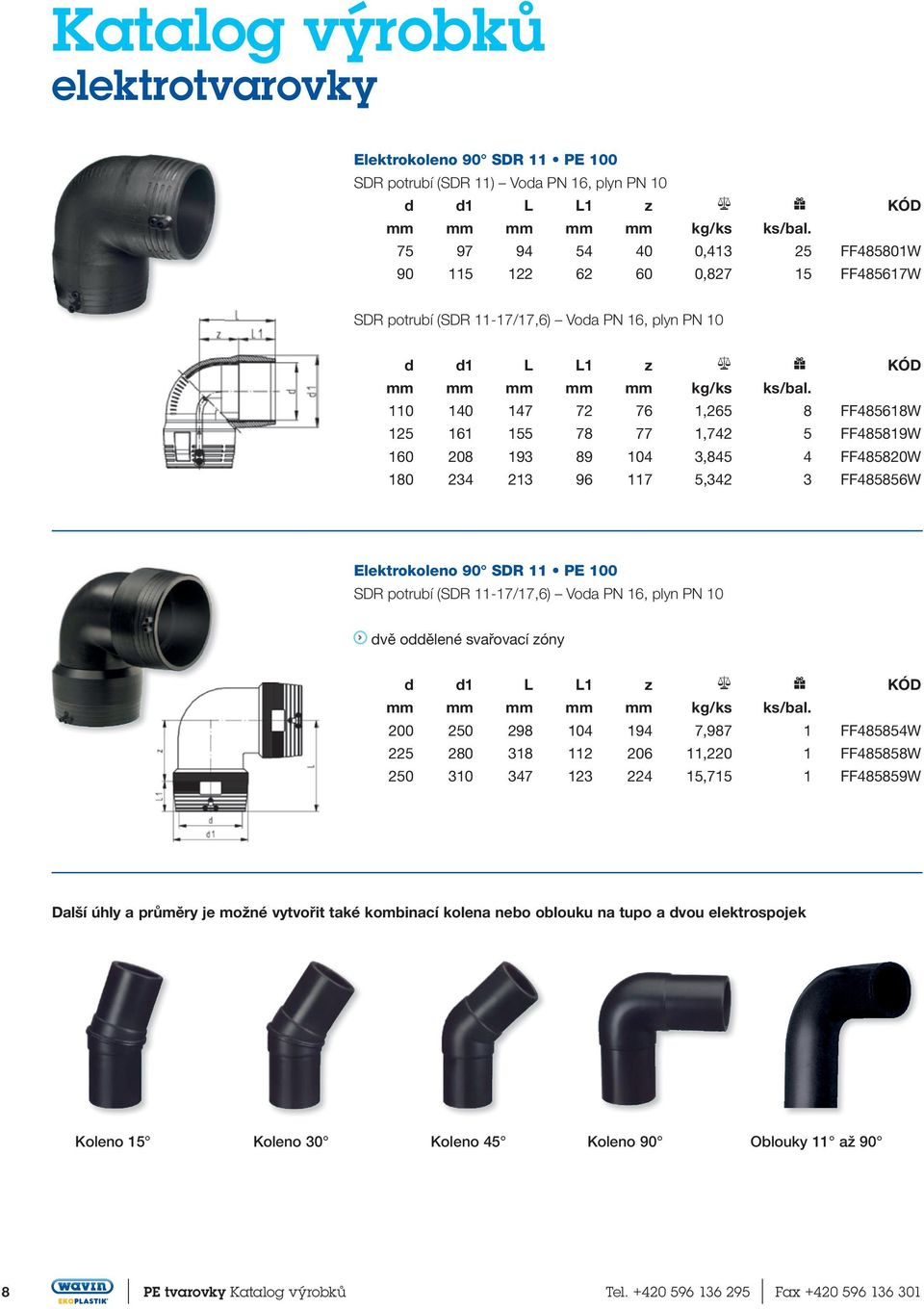 160 208 193 89 104 3,845 4 FF485820W 180 234 213 96 117 5,342 3 FF485856W Elektrokoleno 90 SDR 11 PE 100 SDR potrubí (SDR 11-17/17,6) Voda PN 16, plyn PN 10..dvě.oddělené.svařovací.