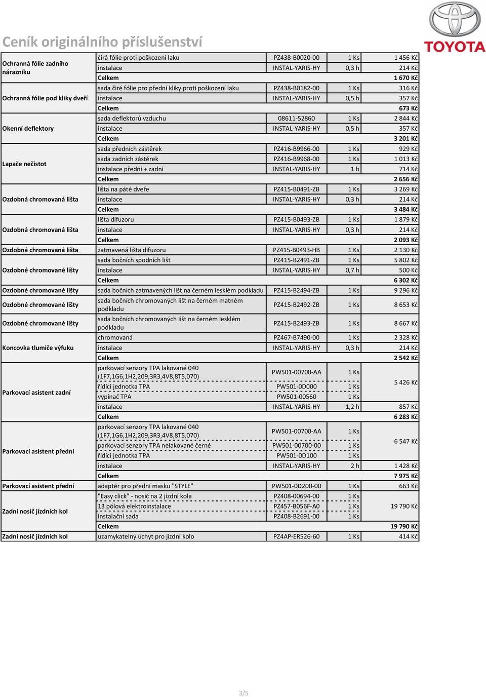 929 Kč sada zadních zástěrek PZ416-B9968-00 1 Ks 1 013 Kč instalace přední + zadní INSTAL-YARIS-HY 1 h 714 Kč 2 656 Kč lišta na páté dveře PZ415-B0491-ZB 1 Ks 3 269 Kč 3 484 Kč lišta difuzoru