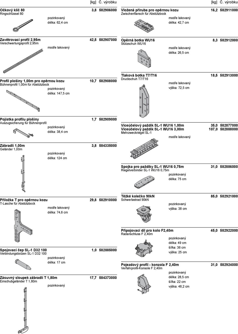 Tlaková botka T7/T16 18,5 582913000 Druckschuh T7/T16 výška: 72,5 cm Pojistka profilu plošiny 1,7 582909000 Auszugsicherung für Bühnenprofil délka: 38,4 cm Víceúčelový paždík SL-1 WU16 1,00m 35,0