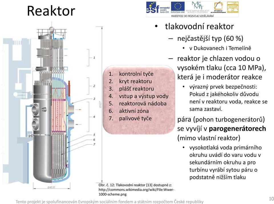 png tlakovodní reaktor nejčastější typ (60 %) v Dukovanech i Temelíně reaktor je chlazen vodou o vysokém tlaku (cca 10 MPa), která je i moderátor reakce výrazný prvek