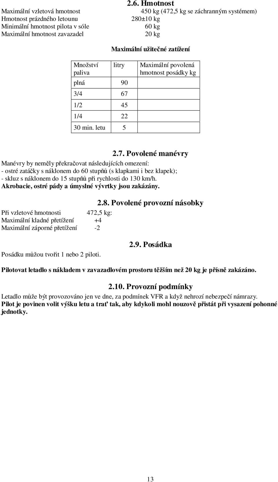 letu 5 Maximální povolená hmotnost posádky kg 2.7.