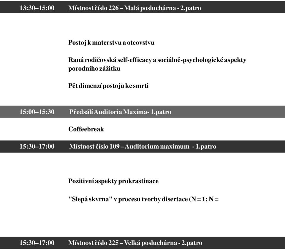 15:00 15:30 Předsálí Auditoria Maxima- 1.patro Coffeebreak 15:30 17:00 Místnost číslo 109 Auditorium maximum - 1.patro Moderátor M. Charvát Pozitivní aspekty prokrastinace Kundrát, J.