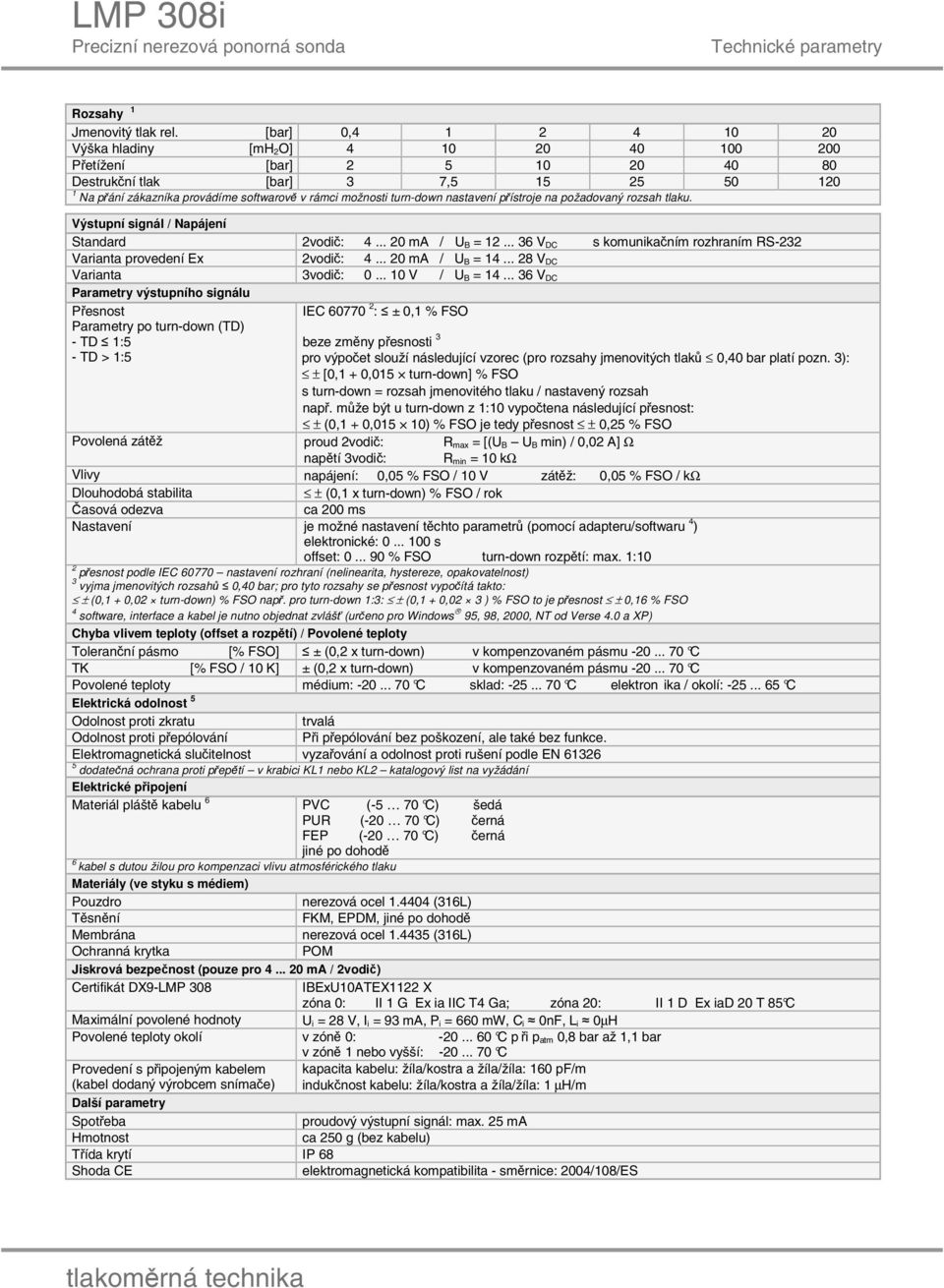 turn-down nastavení přístroje na požadovaný rozsah tlaku. Výstupní signál / Napájení Standard 2vodič: 4... 20 ma / U B = 12... 36 V DC s komunikačním rozhraním RS-232 Varianta provedení Ex 2vodič: 4.