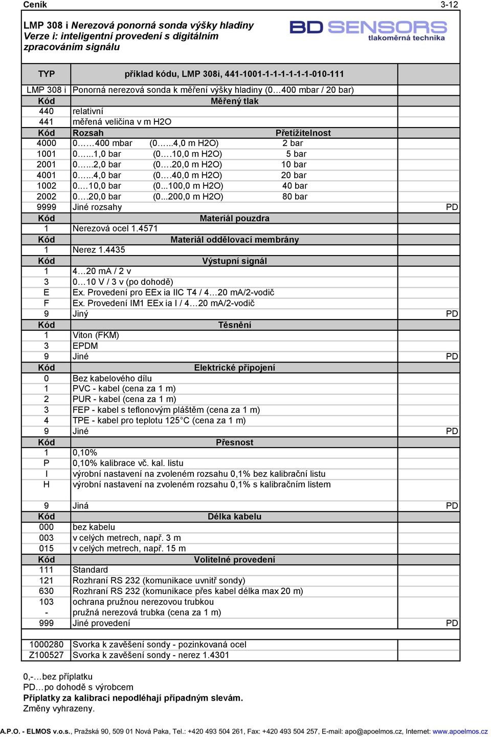 10,0 m H2O) 5 bar 2001 0...2,0 bar (0.20,0 m H2O) 10 bar 4001 0...4,0 bar (0.40,0 m H2O) 20 bar 1002 0. 10,0 bar (0...100,0 m H2O) 40 bar 2002 0.20,0 bar (0.