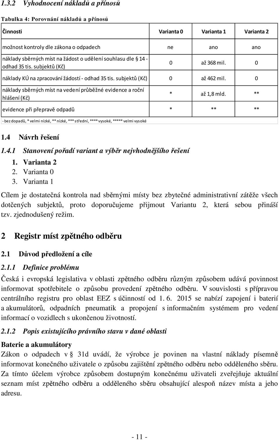 0 náklady sběrných míst na vedení průběžné evidence a roční hlášení (Kč) * až 1,8 mld.