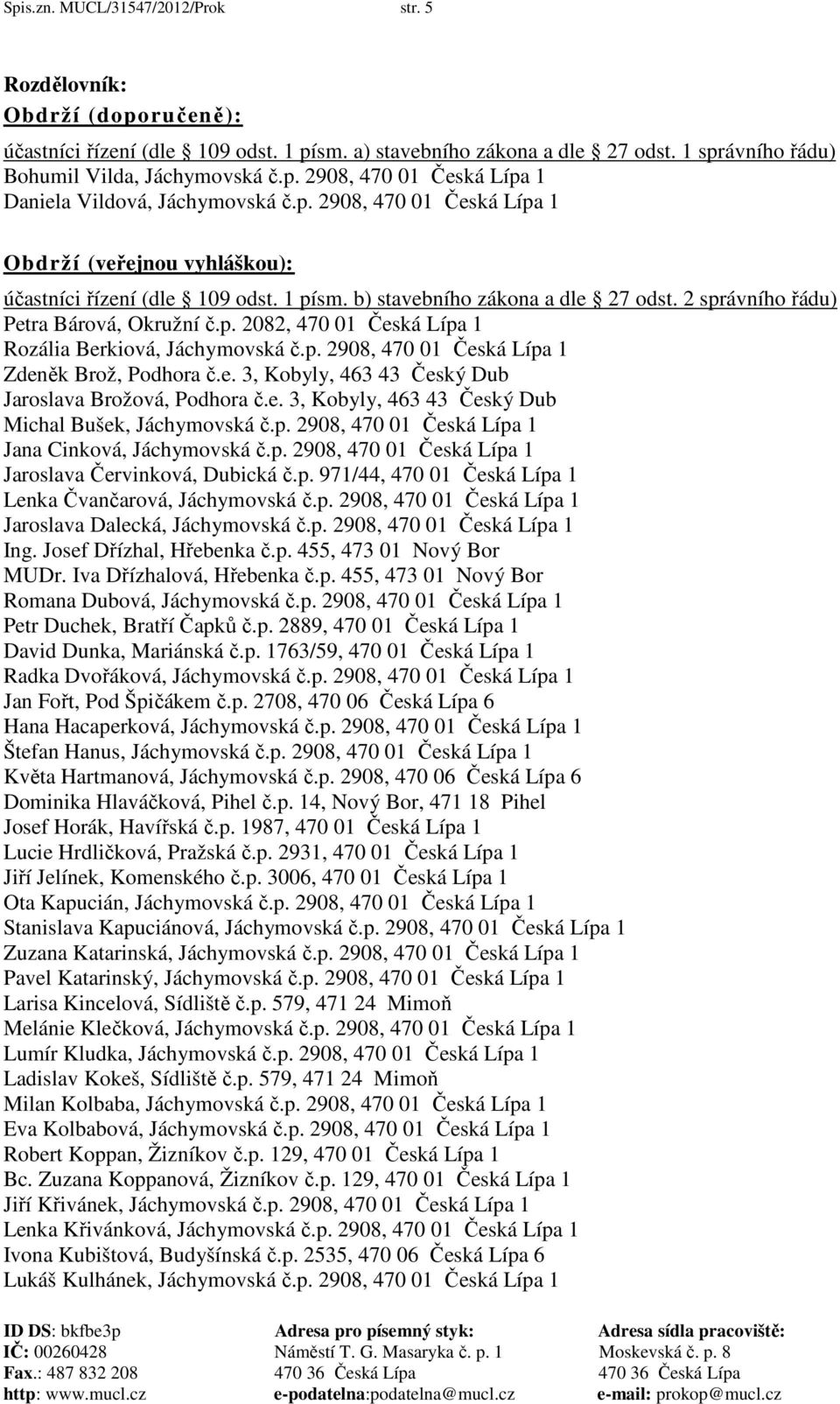 p. 2908, 470 01 Česká Lípa 1 Zdeněk Brož, Podhora č.e. 3, Kobyly, 463 43 Český Dub Jaroslava Brožová, Podhora č.e. 3, Kobyly, 463 43 Český Dub Michal Bušek, Jáchymovská č.p. 2908, 470 01 Česká Lípa 1 Jana Cinková, Jáchymovská č.