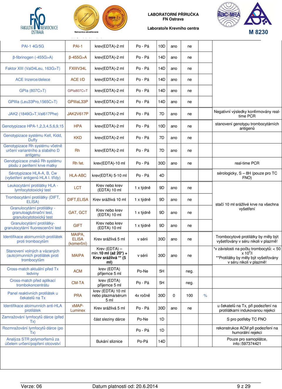 (1849G>T,Val617Phe) JAK2V617P krev(edta)-2 ml Po - Pá 7D ano ne Negativní výsledky konfirmovány realtime PCR Genotypizace HPA-1,2,3,4,5,6,9,15 HPA krev(edta)-2 ml Po - Pá 10D ano ne Genotypizace