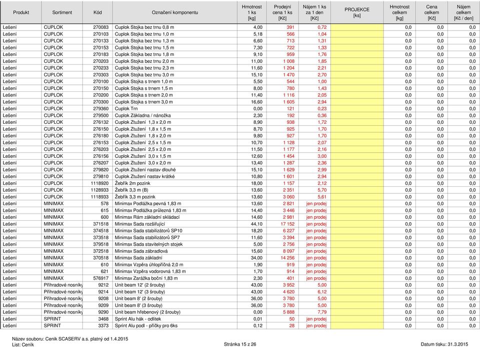 270203 Cuplok Stojka bez trnu 2,0 m 11,00 1 008 1,85 0,0 0,0 0,0 Lešení CUPLOK 270233 Cuplok Stojka bez trnu 2,3 m 11,60 1 204 2,21 0,0 0,0 0,0 Lešení CUPLOK 270303 Cuplok Stojka bez trnu 3,0 m 15,10