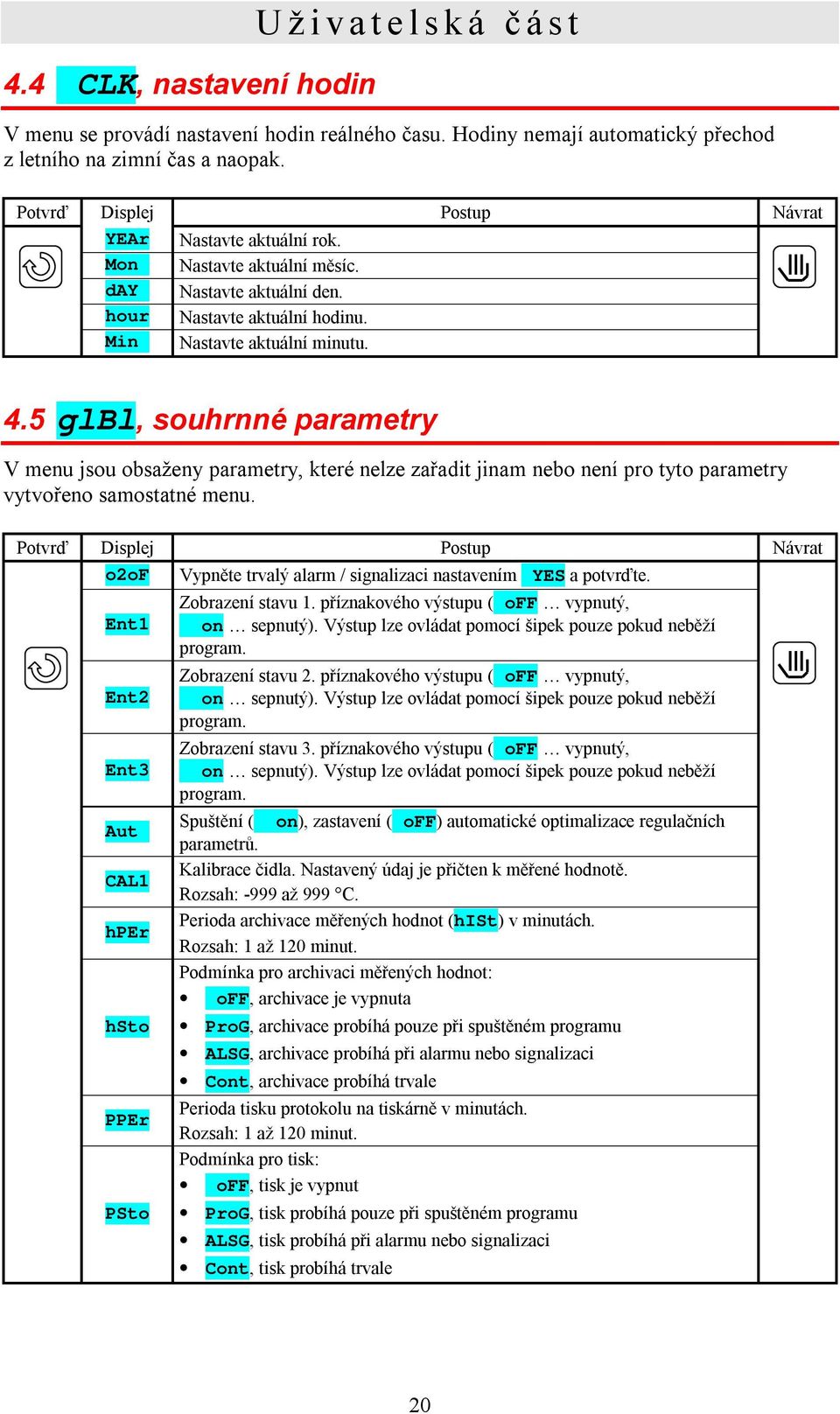 5 glbl, souhrnné parametry V menu jsou obsaženy parametry, které nelze zařadit jinam nebo není pro tyto parametry vytvořeno samostatné menu.