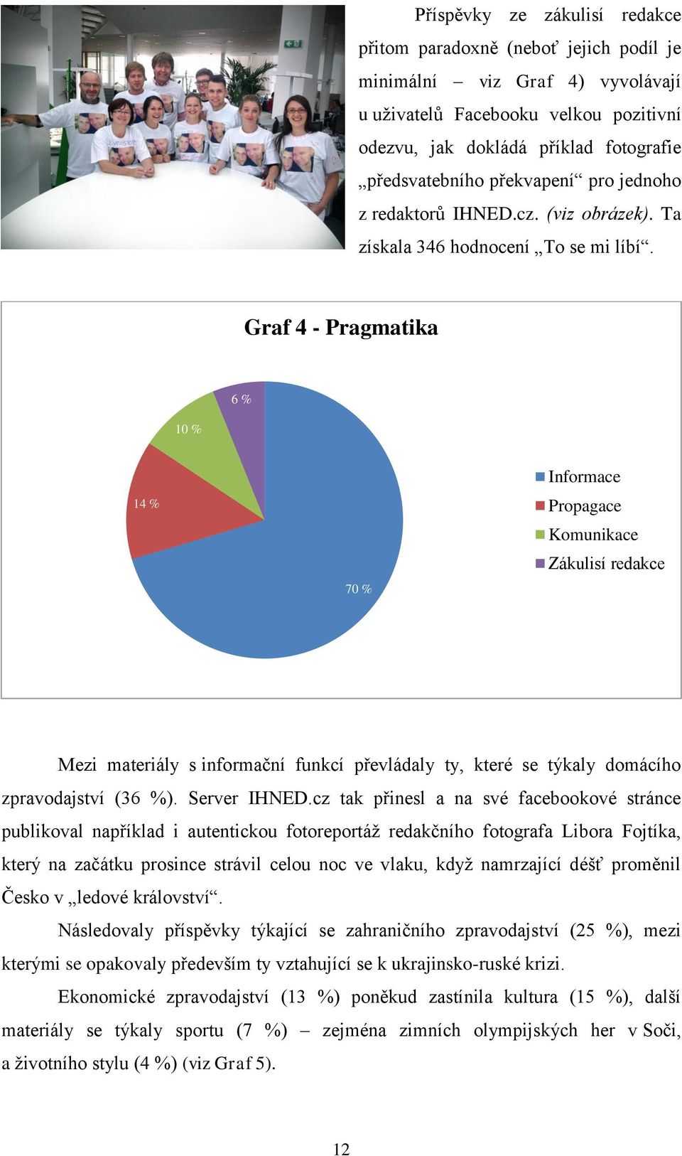 Graf 4 - Pragmatika 6 % 10 % 14 % 70 % Informace Propagace Komunikace Zákulisí redakce Mezi materiály s informační funkcí převládaly ty, které se týkaly domácího zpravodajství (36 %). Server IHNED.