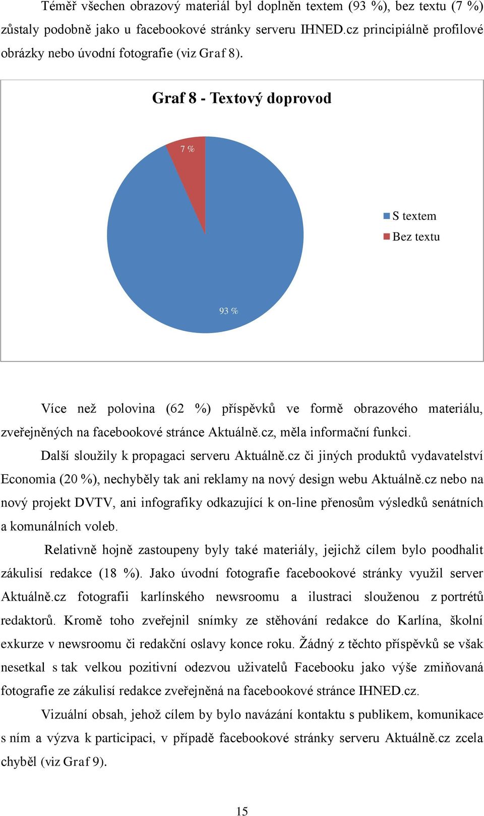 Graf 8 - Textový doprovod 7 % S textem Bez textu 93 % Více než polovina (62 %) příspěvků ve formě obrazového materiálu, zveřejněných na facebookové stránce Aktuálně.cz, měla informační funkci.