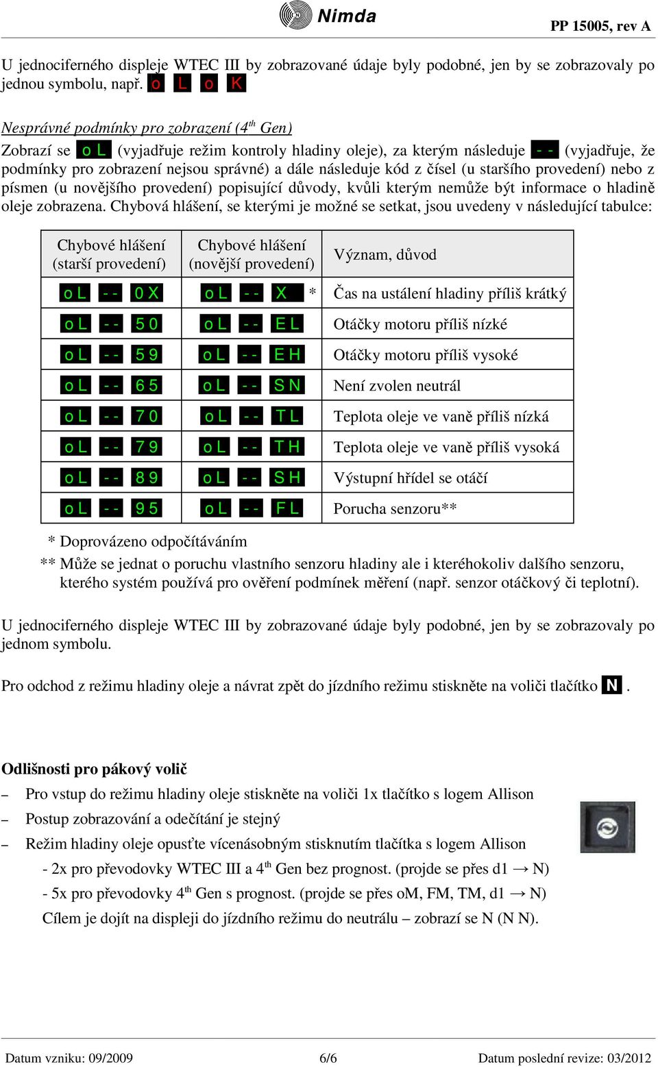 následuje kód z čísel (u staršího provedení) nebo z písmen (u novějšího provedení) popisující důvody, kvůli kterým nemůže být informace o hladině oleje zobrazena.