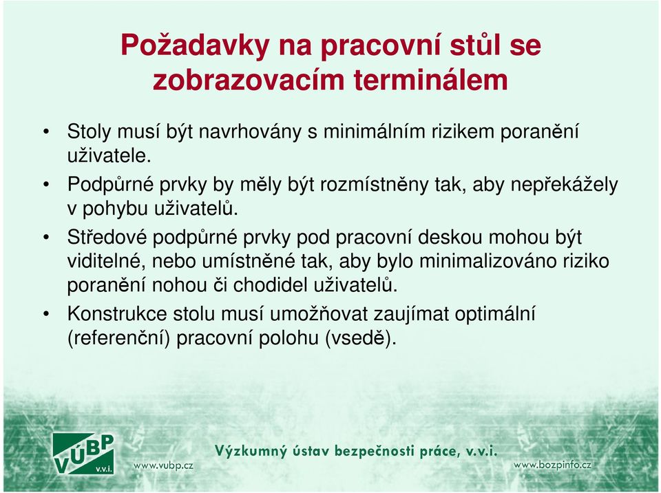 Středové podpůrné prvky pod pracovní deskou mohou být viditelné, nebo umístněné tak, aby bylo minimalizováno