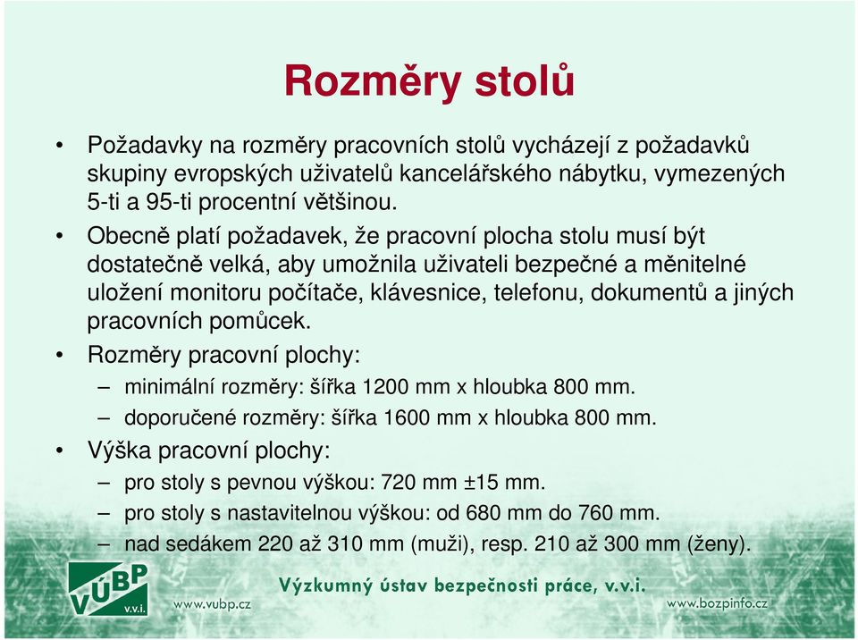 dokumentů a jiných pracovních pomůcek. Rozměry pracovní plochy: minimální rozměry: šířka 1200 mm x hloubka 800 mm. doporučené rozměry: šířka 1600 mm x hloubka 800 mm.