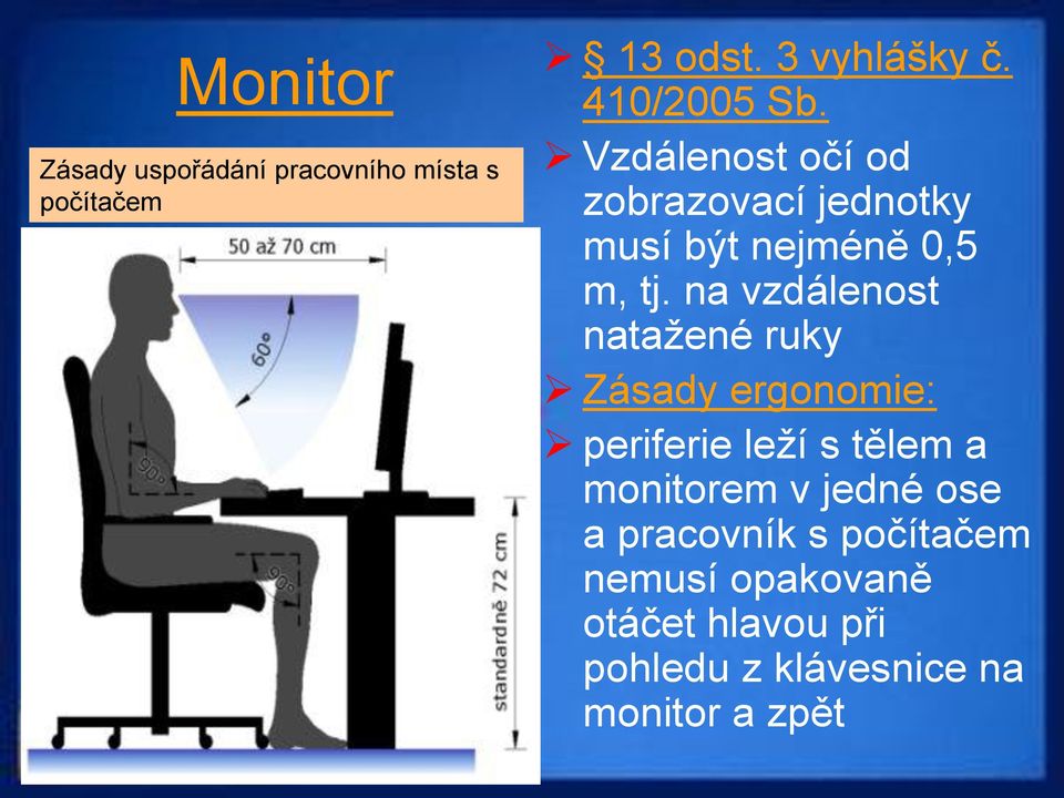 na vzdálenost natažené ruky Zásady ergonomie: periferie leží s tělem a monitorem v