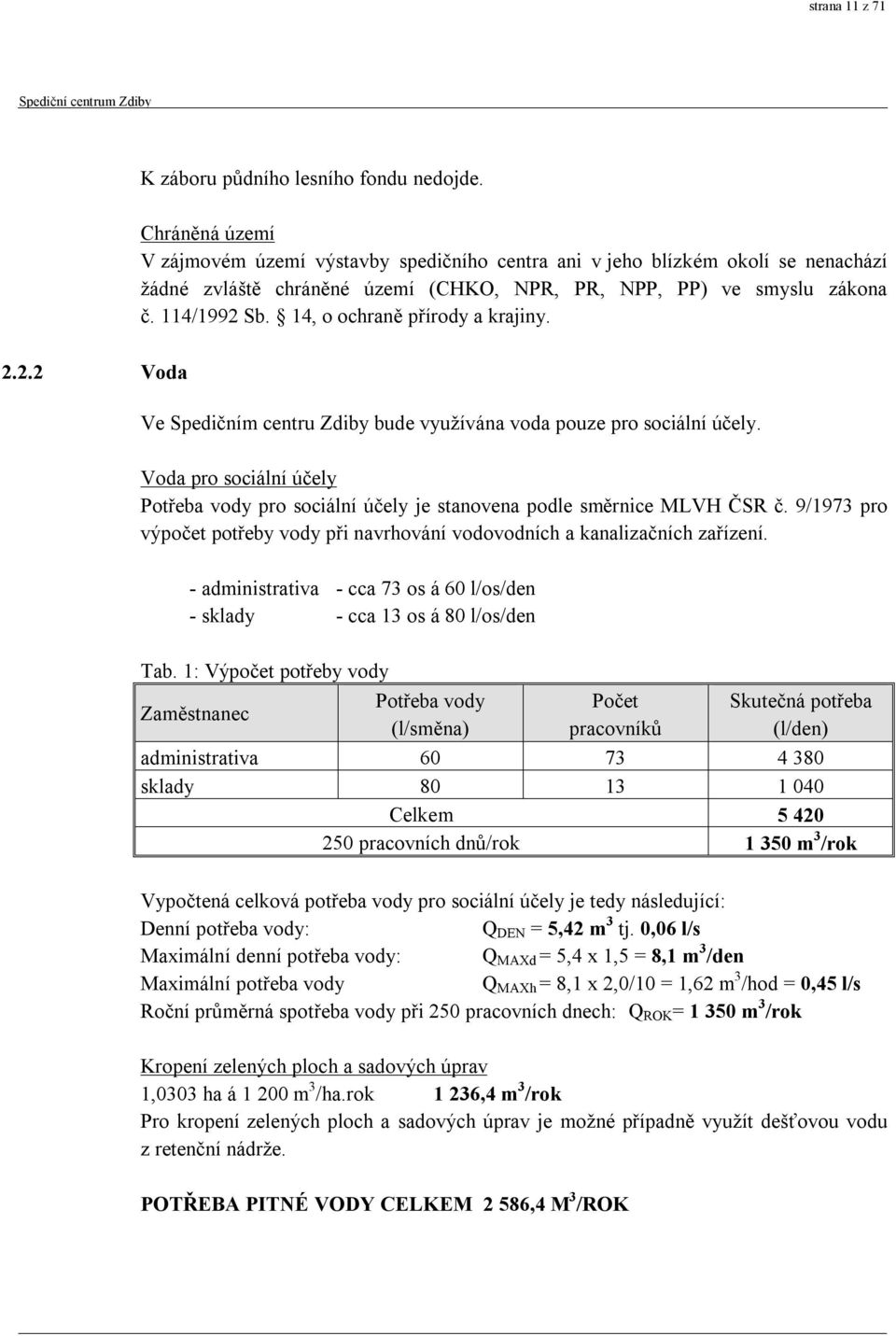 14, o ochraně přírody a krajiny. Ve Spedičním centru Zdiby bude využívána voda pouze pro sociální účely. Voda pro sociální účely Potřeba vody pro sociální účely je stanovena podle směrnice MLVH ČSR č.