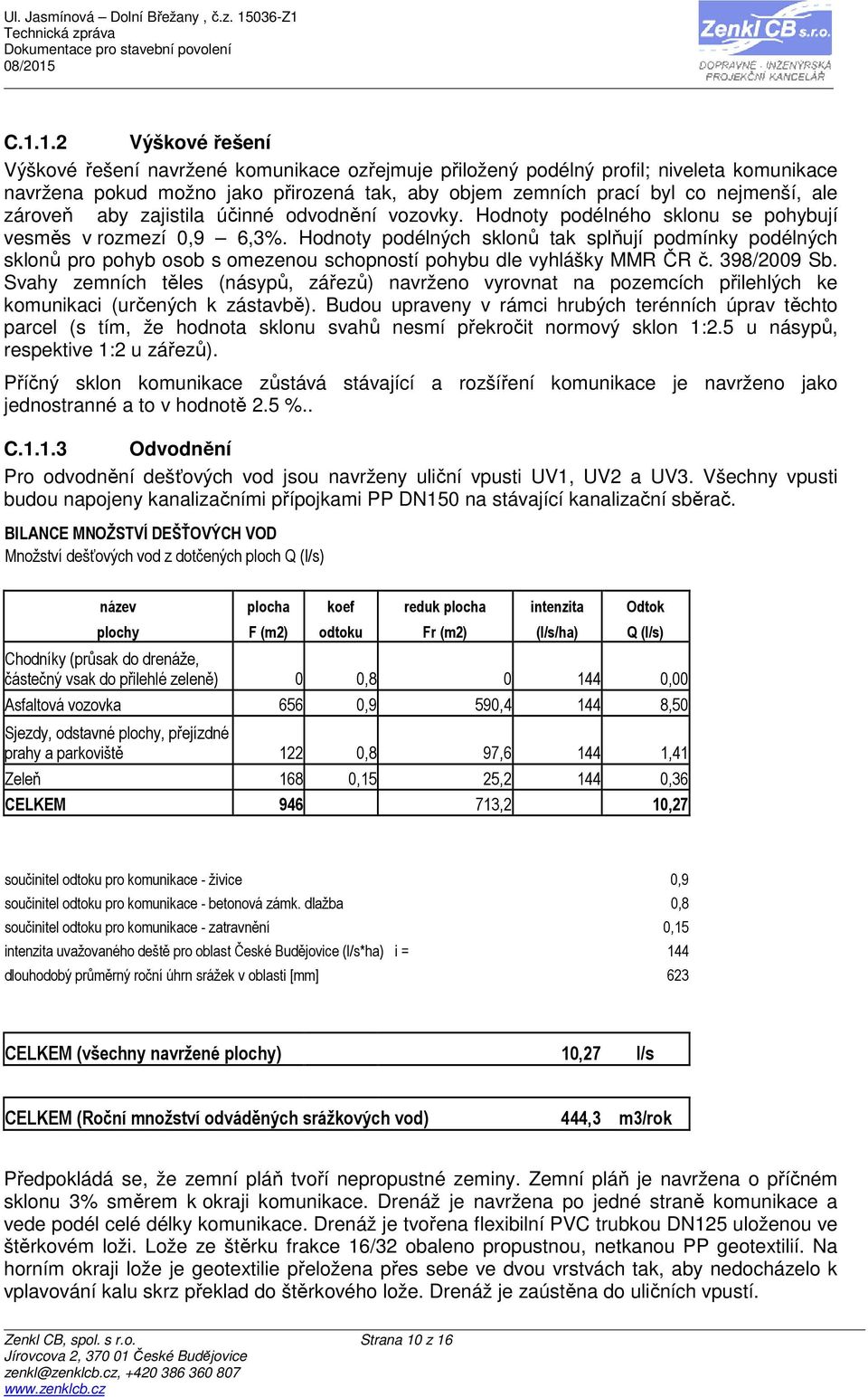 Hodnoty podélných sklonů tak splňují podmínky podélných sklonů pro pohyb osob s omezenou schopností pohybu dle vyhlášky MMR ČR č. 398/2009 Sb.