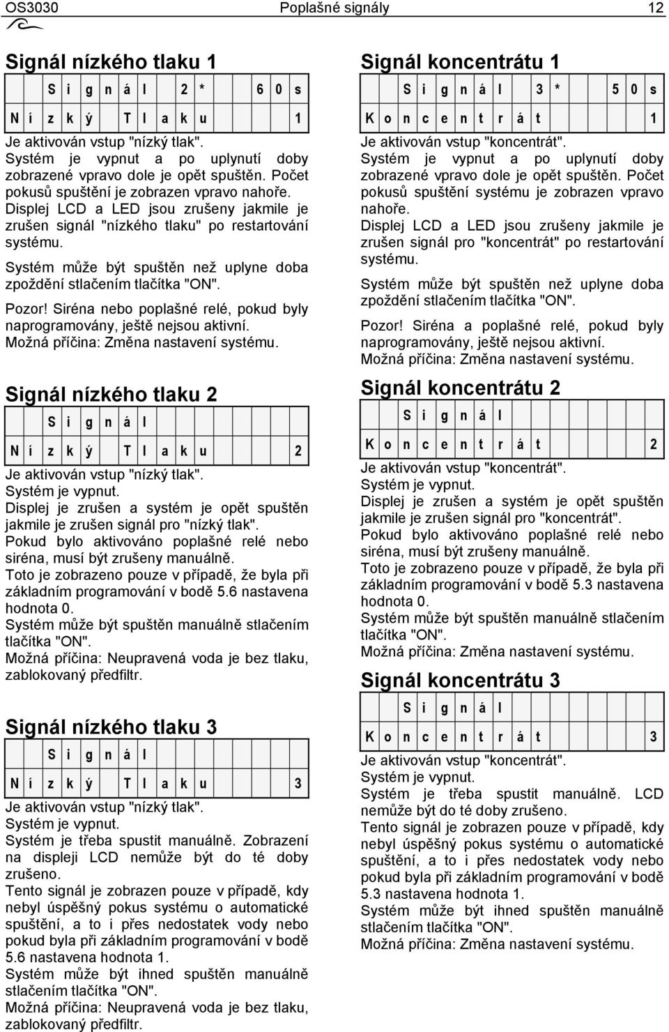 Displej LCD a LED jsou zrušeny jakmile je zrušen signál "nízkého tlaku" po restartování systému. Systém může být spuštěn než uplyne doba zpoždění stlačením tlačítka "ON". Pozor!