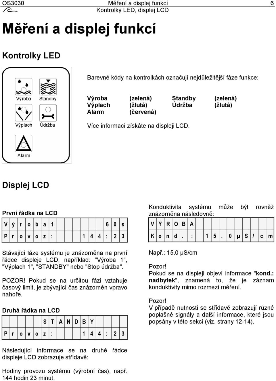 Displej LCD První řádka na LCD V ý r o b a 1 6 0 s P r o v o z : 1 4 4 : 2 3 Stávající fáze systému je znázorněna na první řádce displeje LCD, například: "Výroba 1", "Výplach 1", "STANDBY" nebo "Stop