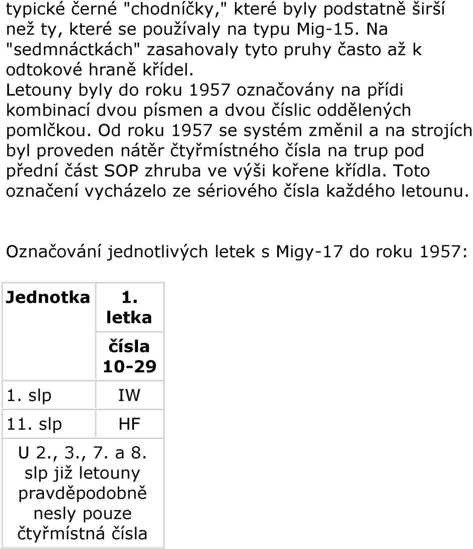 Letouny byly do roku 1957 označovány na přídi kombinací dvou písmen a dvou číslic oddělených pomlčkou.