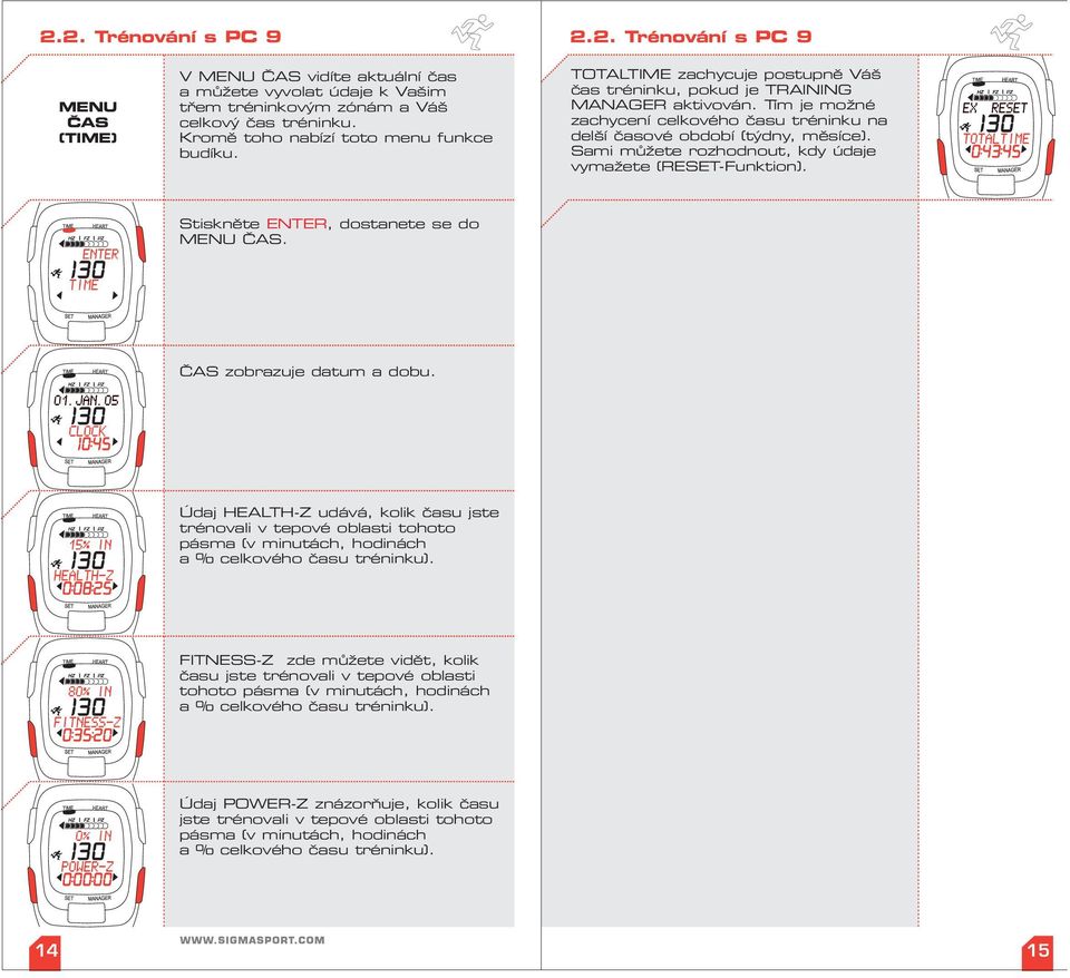 Tím je možné zachycení celkového času tréninku na delší časové období (týdny, měsíce). Sami můžete rozhodnout, kdy údaje vymažete (RESET-Funktion). Stiskněte ENTER, dostanete se do MENU ČAS.