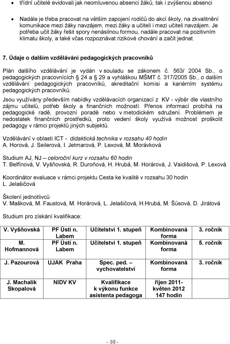 Údaje o dalším vzdělávání pedagogických pracovníků Plán dalšího vzdělávání je vydán v souladu se zákonem č. 563/ 2004 Sb., o pedagogických pracovnících 24 a 29 a vyhláškou MŠMT č. 317/2005 Sb.