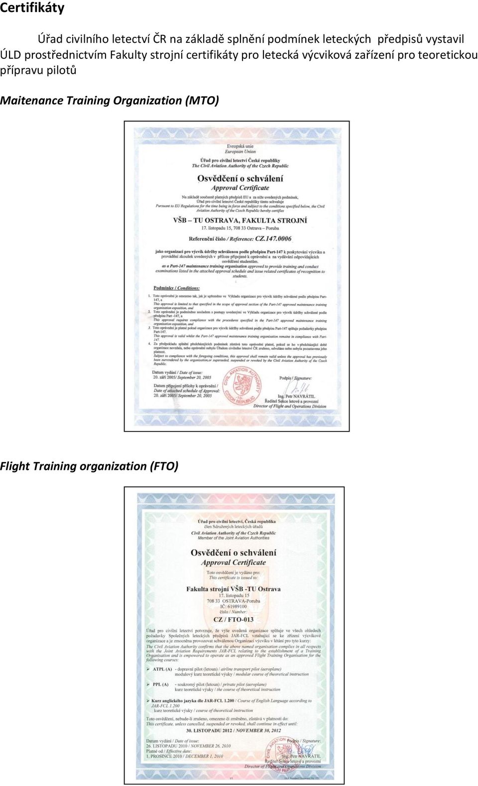 certifikáty pro letecká výcviková zařízení pro teoretickou přípravu